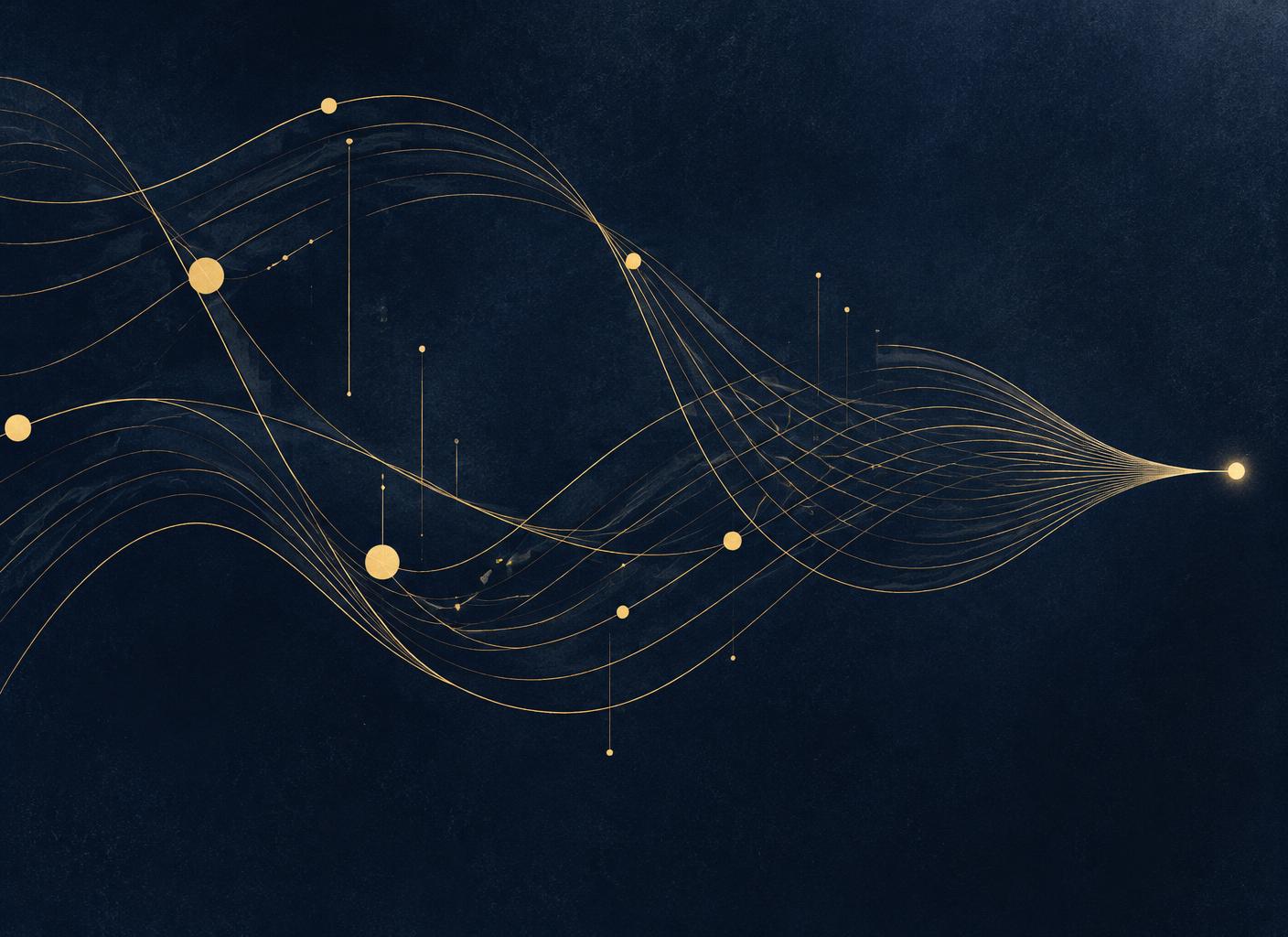 Abstract gold lines like musical staves converging into a single point